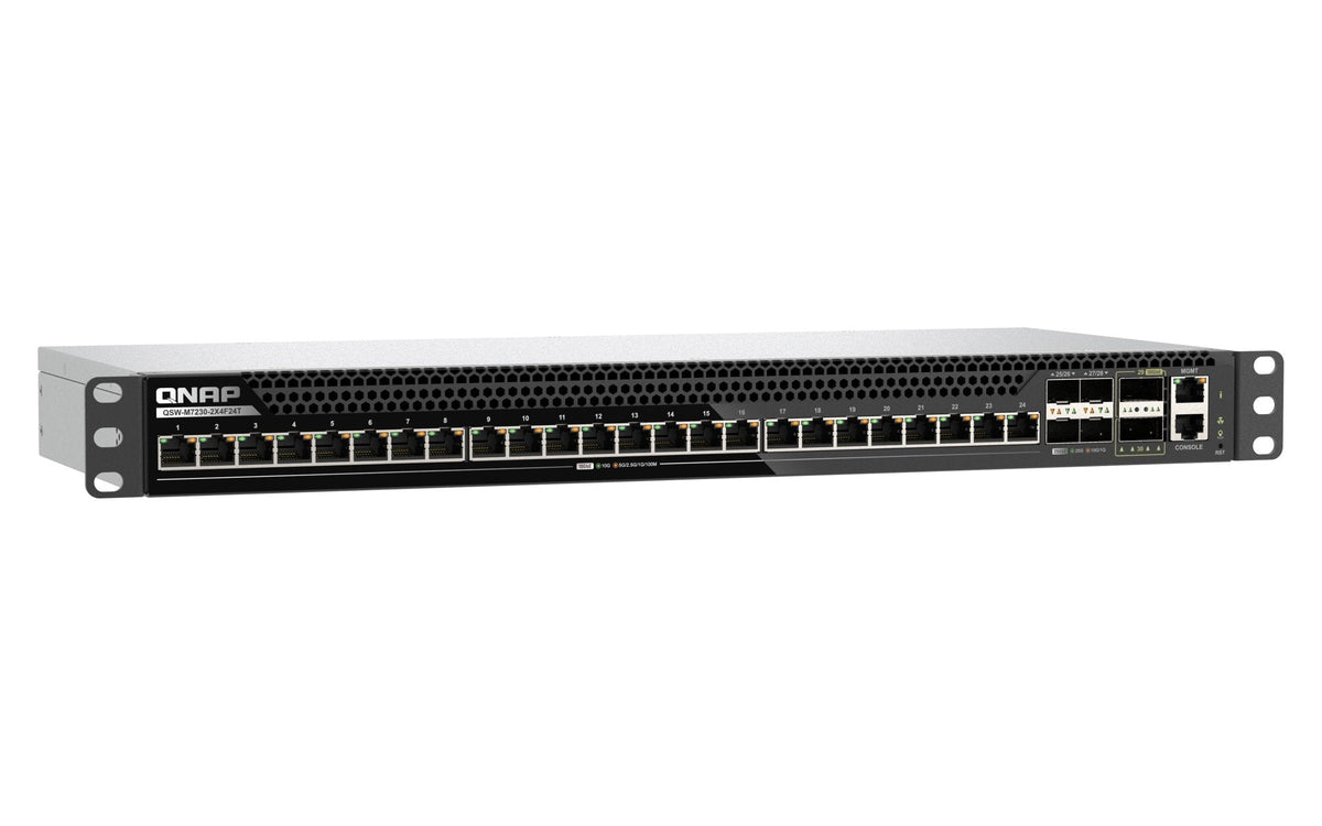 Qnap Qsw-M7230-2x4f24t Conmutador 2 X 100 Gigabit Qsfp28 + 4 X 25 Gigabit Sfp28 Montable En Rack Para Qnap Cab-Dac50m-Sfpp Trx-10gitsfpp-Sr Trx-25gsfp28-Sr