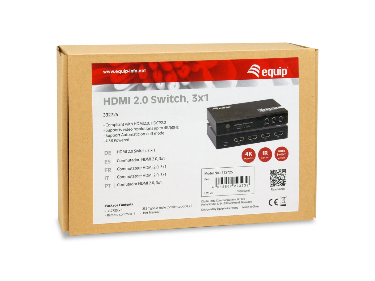 Equip Switch 3x1 Hdmi 2.0 4k/60hz Negro