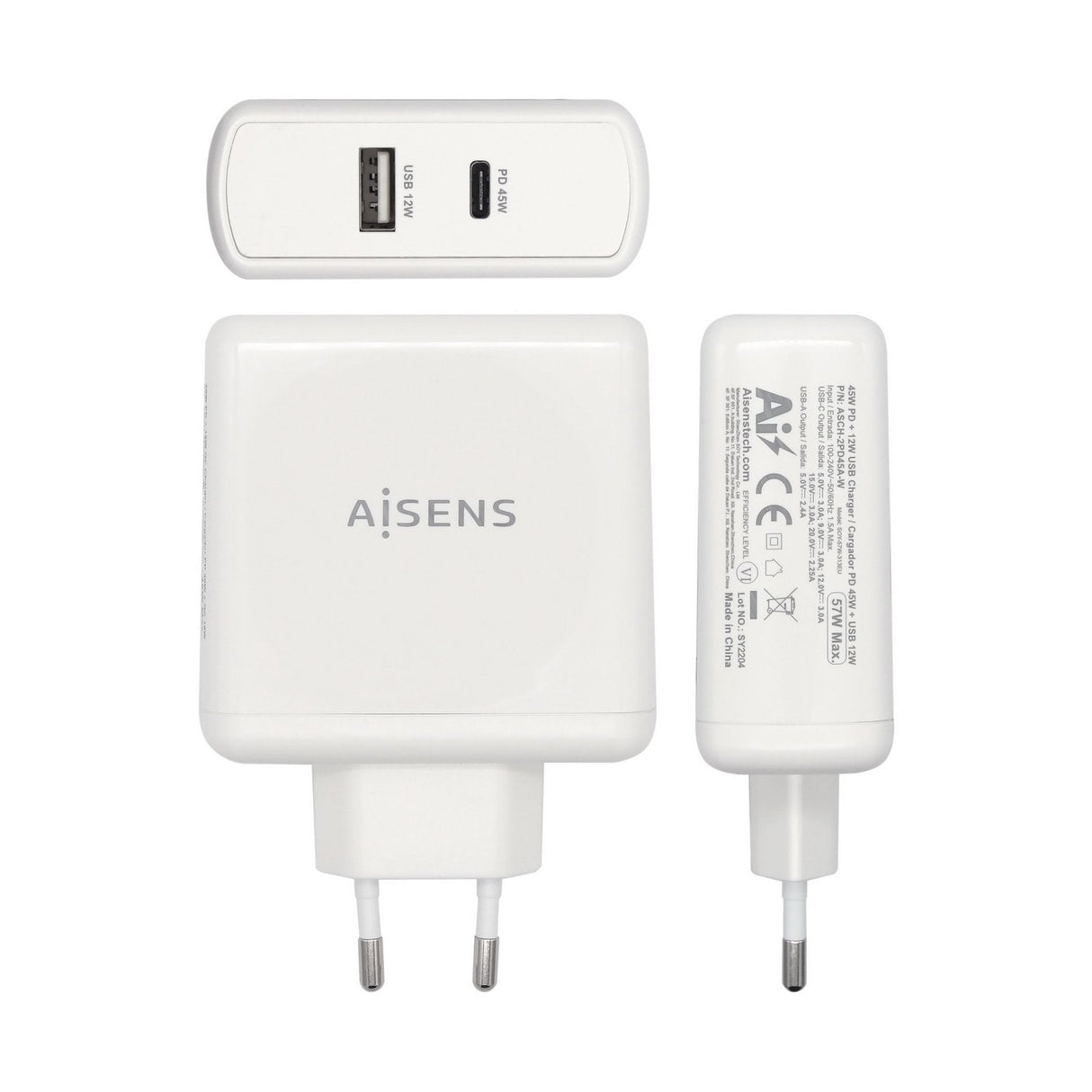 Aisens Cargador Para Smartphone 57w 1x Usb-C Pd3.0 45w, 1x Usb-A 5v/2.4a 12w