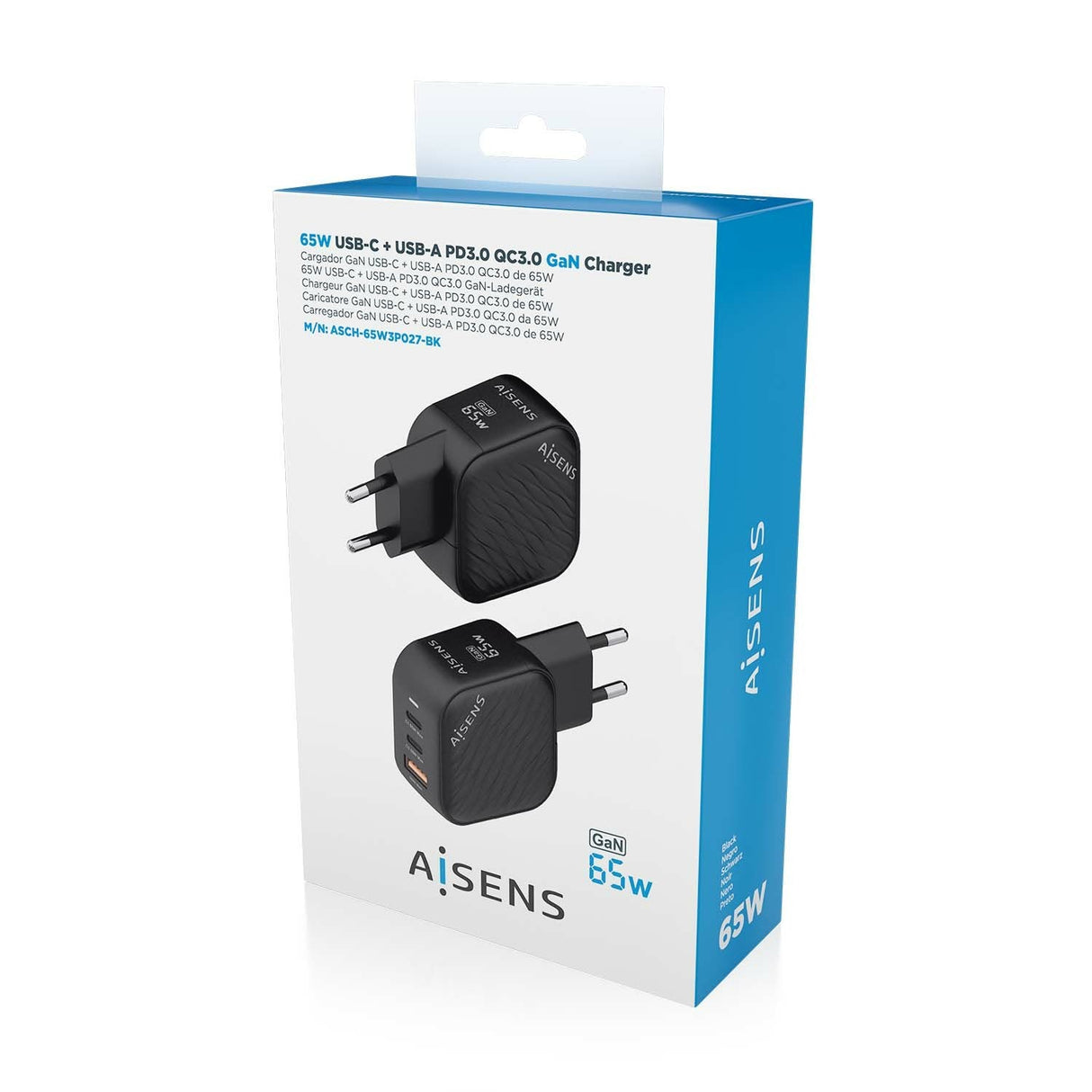 Aisens Cargador Gan 65w - 2xusb-C Pd3.0 Qc4.0 - 1xusb-A Qc3.0 Negro