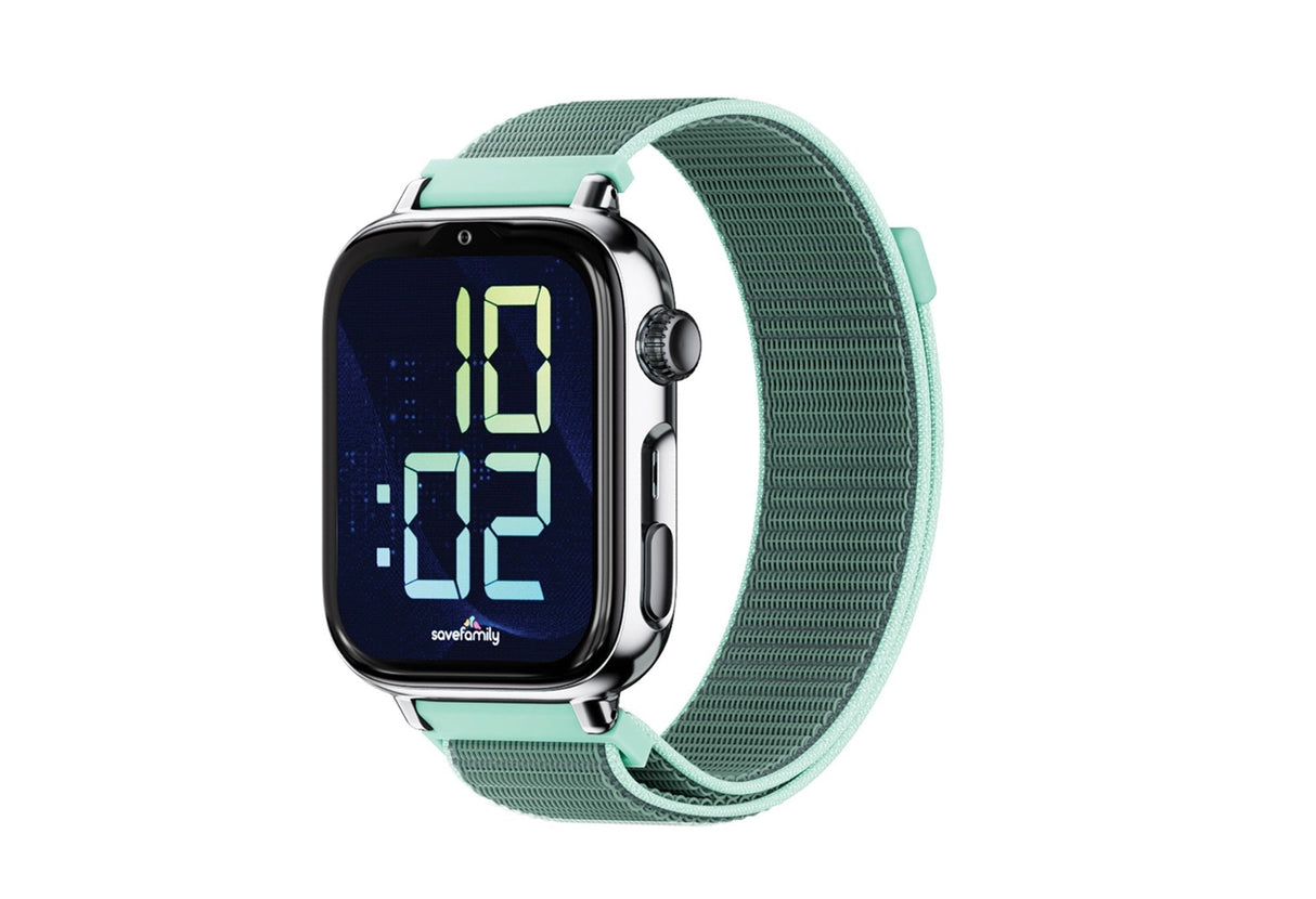 Savefamily Reloj Inteligente Infantil Savewatch Plus 2 - Pantalla Amoled - Carcasa Plateada - Correa Tela Ocean