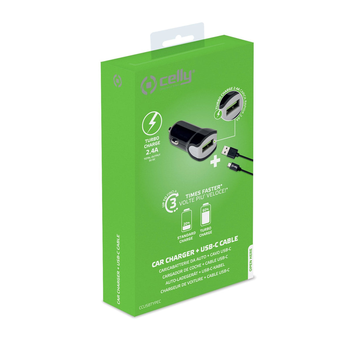 Celly Cargador De Coche Usb + Cable Usb - Usb-C 12w Negro