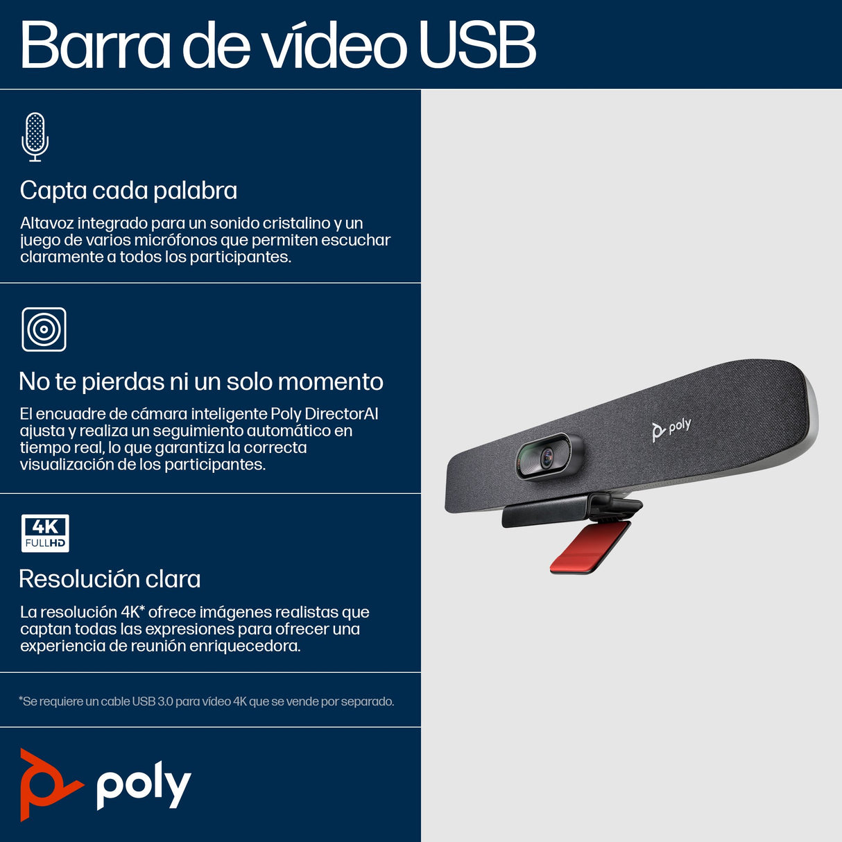 EAN 5715063710623 - HP Poly Studio R30 USB Video Bar Gris 3840 x 2160 Pixeles imagen 4