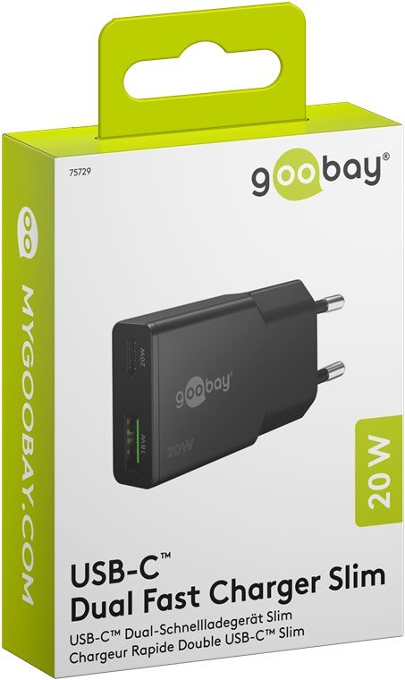 Cargador 20w Usb 2 Puert. Usb-C Pd X , Usb-A Qc 1 Gan Dual Fast Charger Slim Negro Goobay