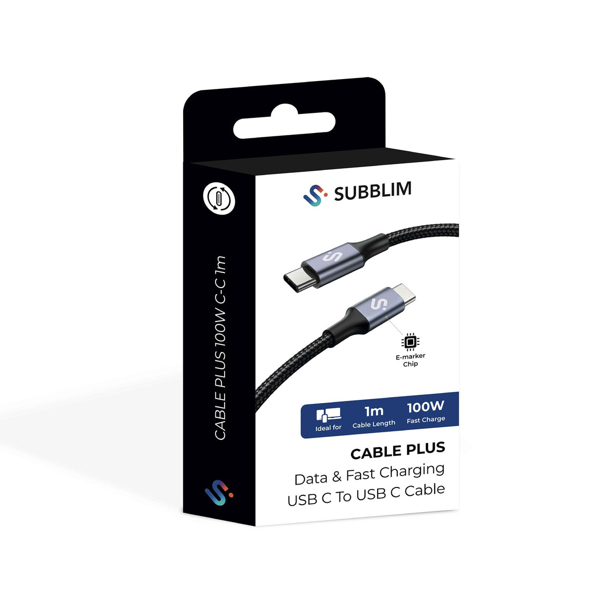 Cable Plus 100w Usb-C/Usb-C 1 M Negro Subblim 100w/ Longitud: 1m/ Usb-C &Harr; Usb-C/ Pd 3.0 Y Qc 3.0,