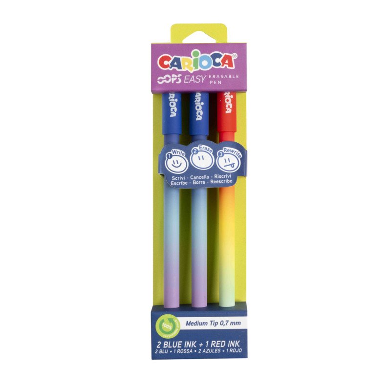 Carioca Oops Easy Pack De 3 Boligrafos Borrables - Tinta Termo Sensible - Cuerpo Con Efecto Degradado - Punta De Ø