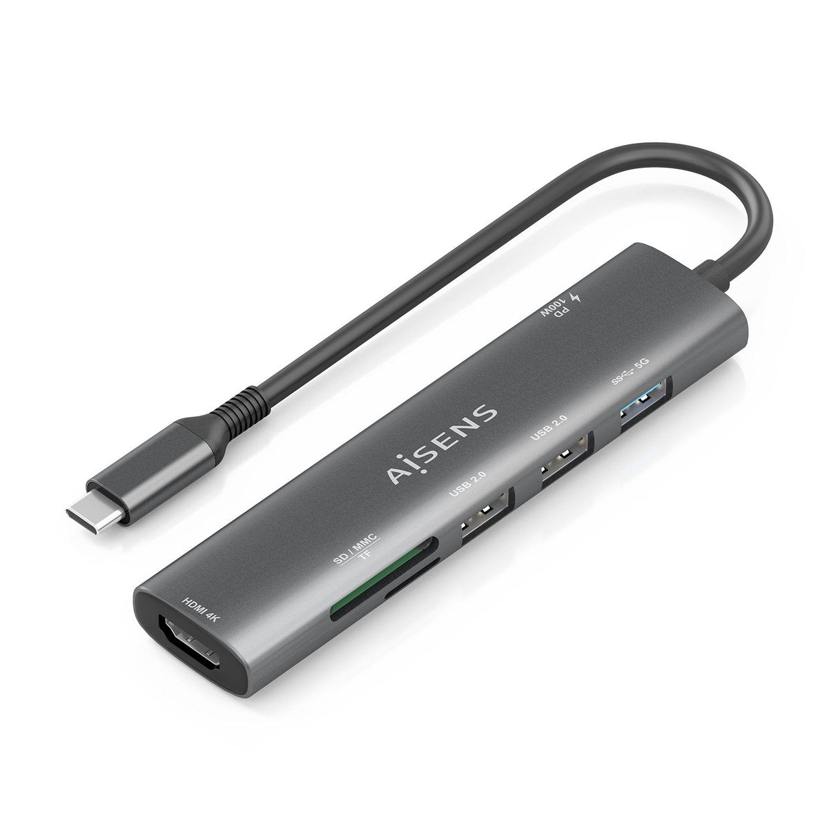 Aisens Usb-C Dock 7 En 1, Usb-C A 1xhdmi, 2xusb-A Usb2.0, 1xusb-A Usb3.0, 1xusb-C Pd 100w, 1xsd, 1xmicro Sd, Gris, 15cm