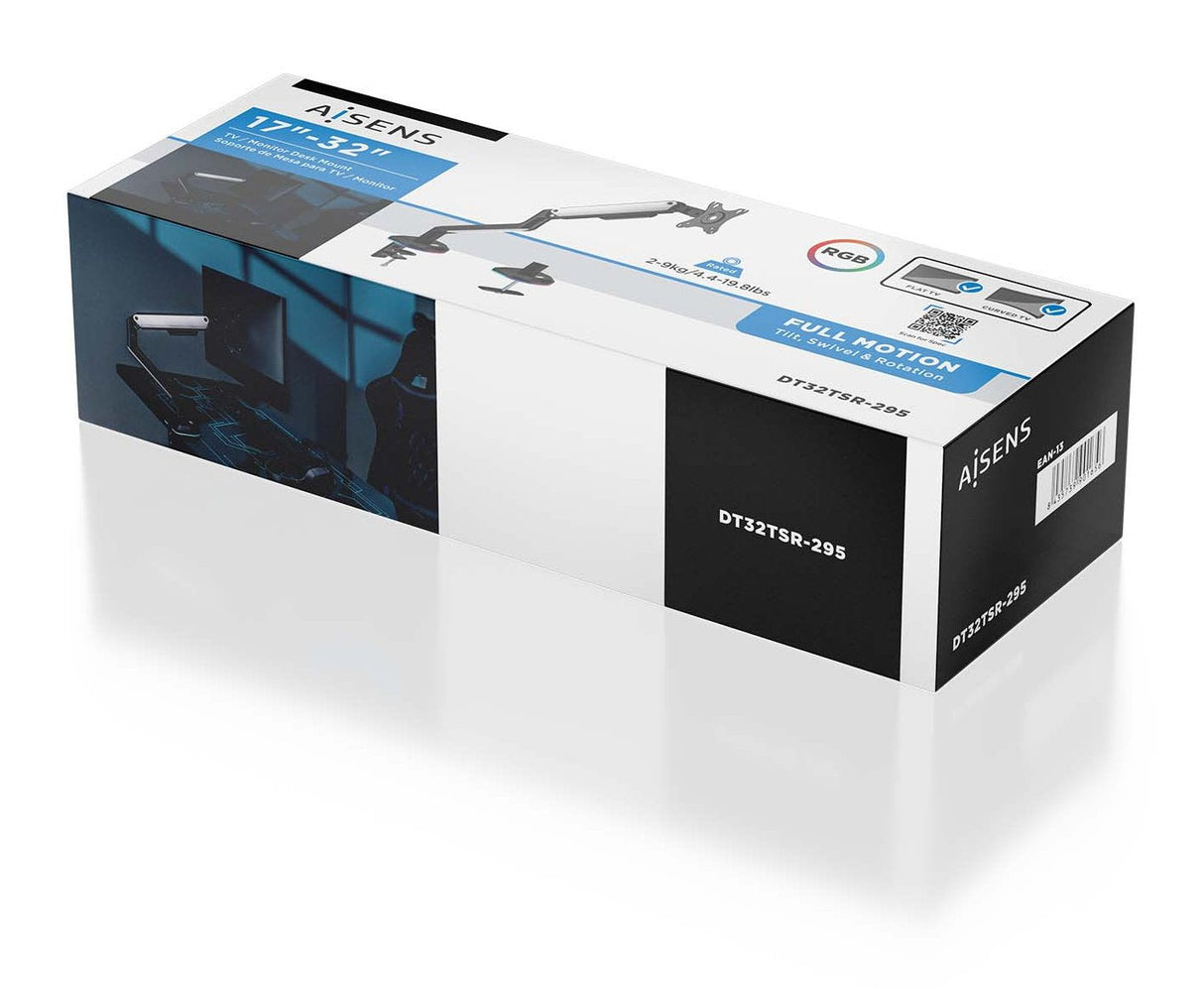 Aisens Soporte De Mesa Rgb Gaming Contrapeso Giratorio E Inclinable Para Monitor/Tv 9kg (3 Pivotes, 1 Brazo) De 17-32, Negro-Blanco