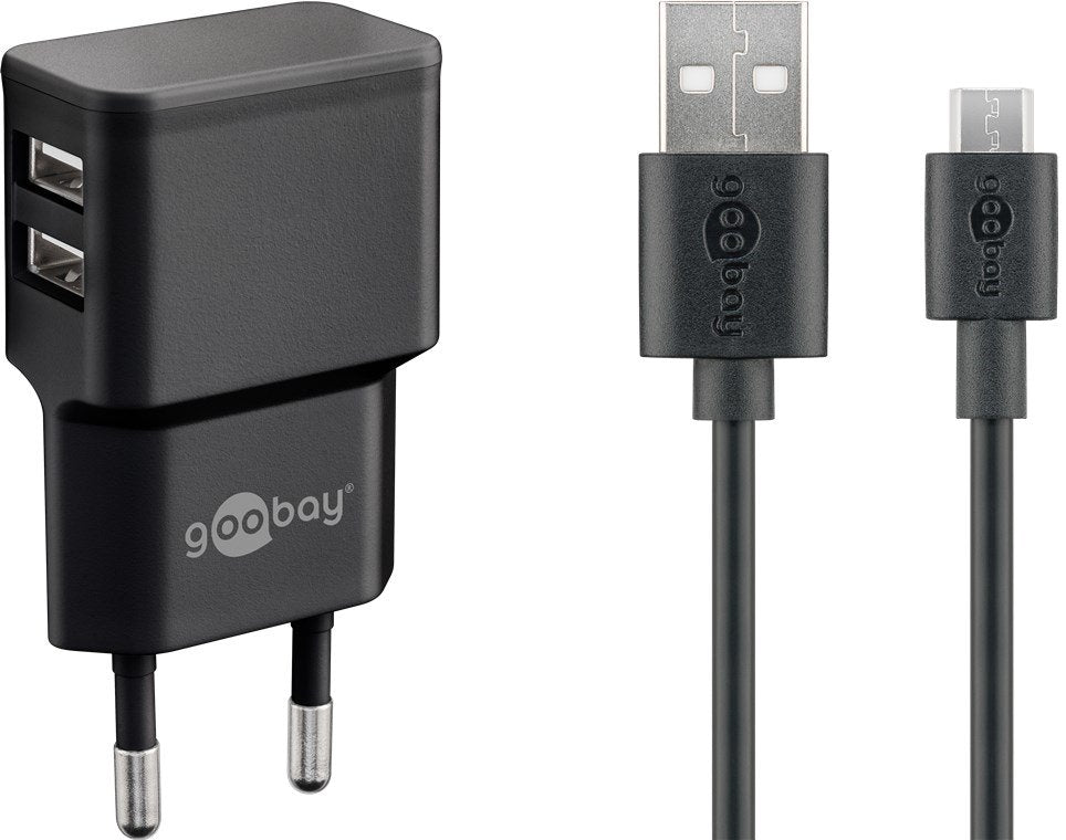 Goobay Juego De Carga Dual Micro-Usb 18 Vatios, Cargador Negro, 2,4 A, Cable De 1 Metro Usb-A > Micro-Usb 44984