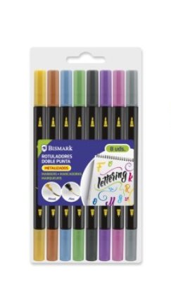 Bismark Set 8 Rotuladores Lettering Doble Punta Fina/Pincel C/Surtidos Metalizados