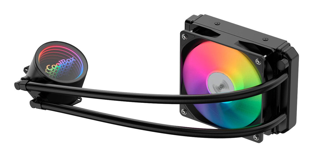 Coolbox Refrigeracion Liquida A-Rgb Liquid120 Negro Intel: Lga1851, Lga1700, Lga1200, Lga2066, Lga2011, Lga115x, Lga1156. Amd: Am5, Am4, Am3+, Am3, Fm2+, Fm2