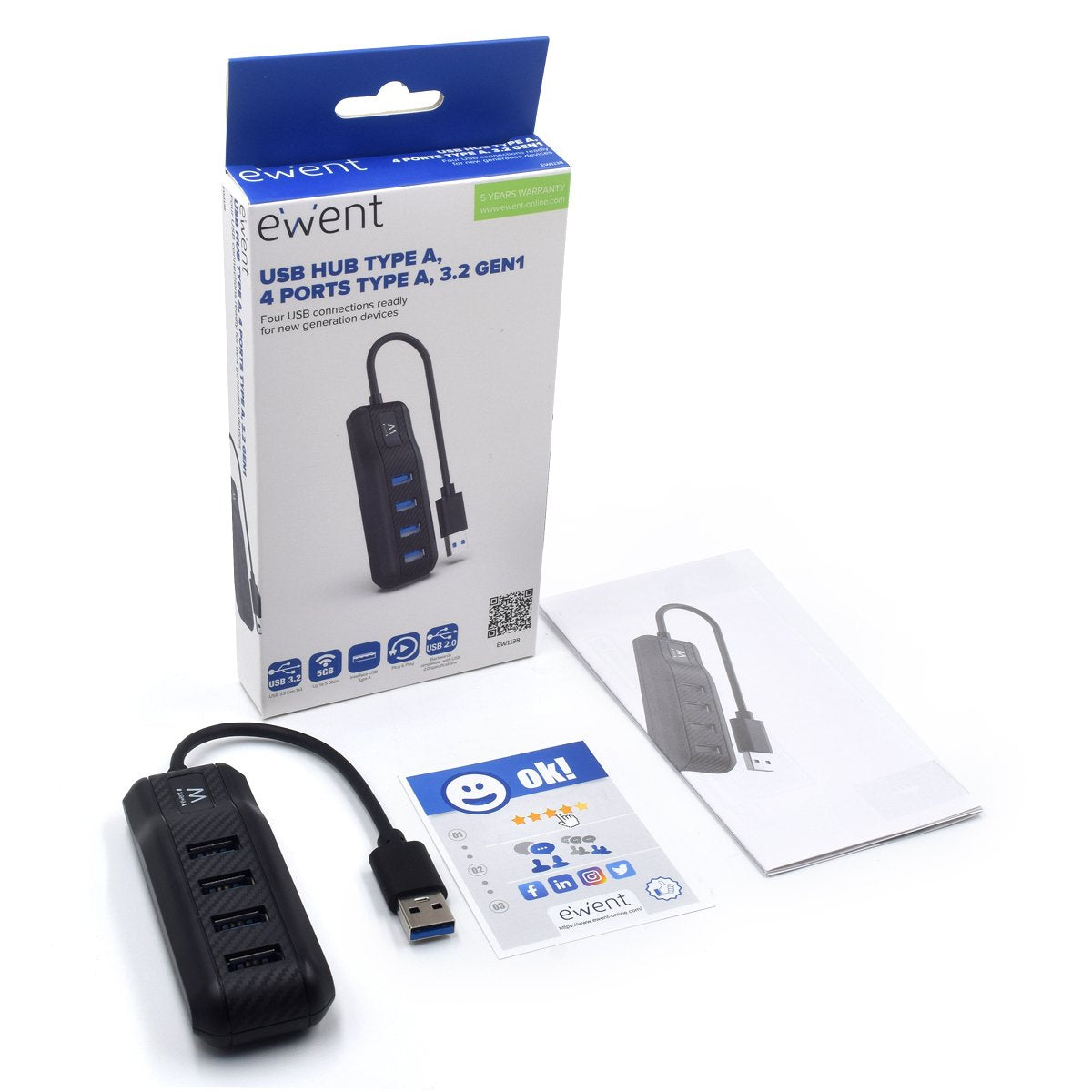 EAN 8054392619014 - Ewent EW1138 hub de interfaz USB 3.2 Gen 1 (3.1 Gen 1) Type-A 5000 Mbit/s Negro imagen 2