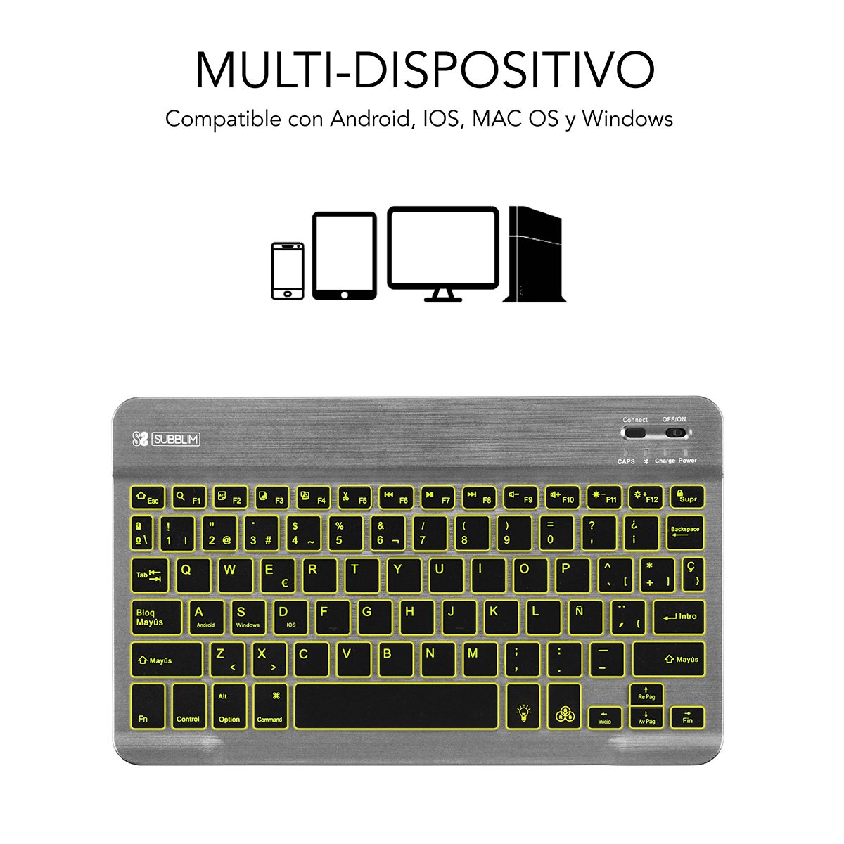 Teclado Bluetooth Subblim Sub-Kbt-Smbl31 Grey Bt3.0 Teclas Iluminadas Batería 420mah Compatible Multidispositivo