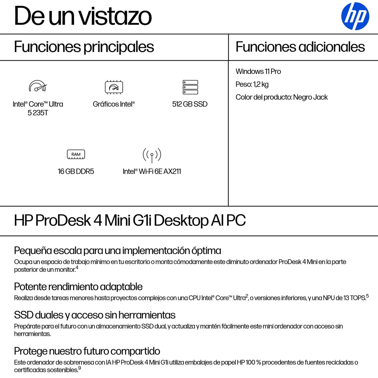 EAN 0199485673622 - HP ProDesk 4 G1i AI PC Intel Core Ultra 5 235T 16 GB DDR5-SDRAM 512 GB SSD Windows 11 Pro Mini PC Negro imagen 3