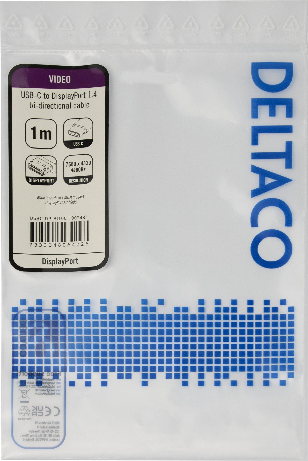 Deltaco 8k Usb-C/Displayport Kabel 7680x4320 30hz 1m Schwa