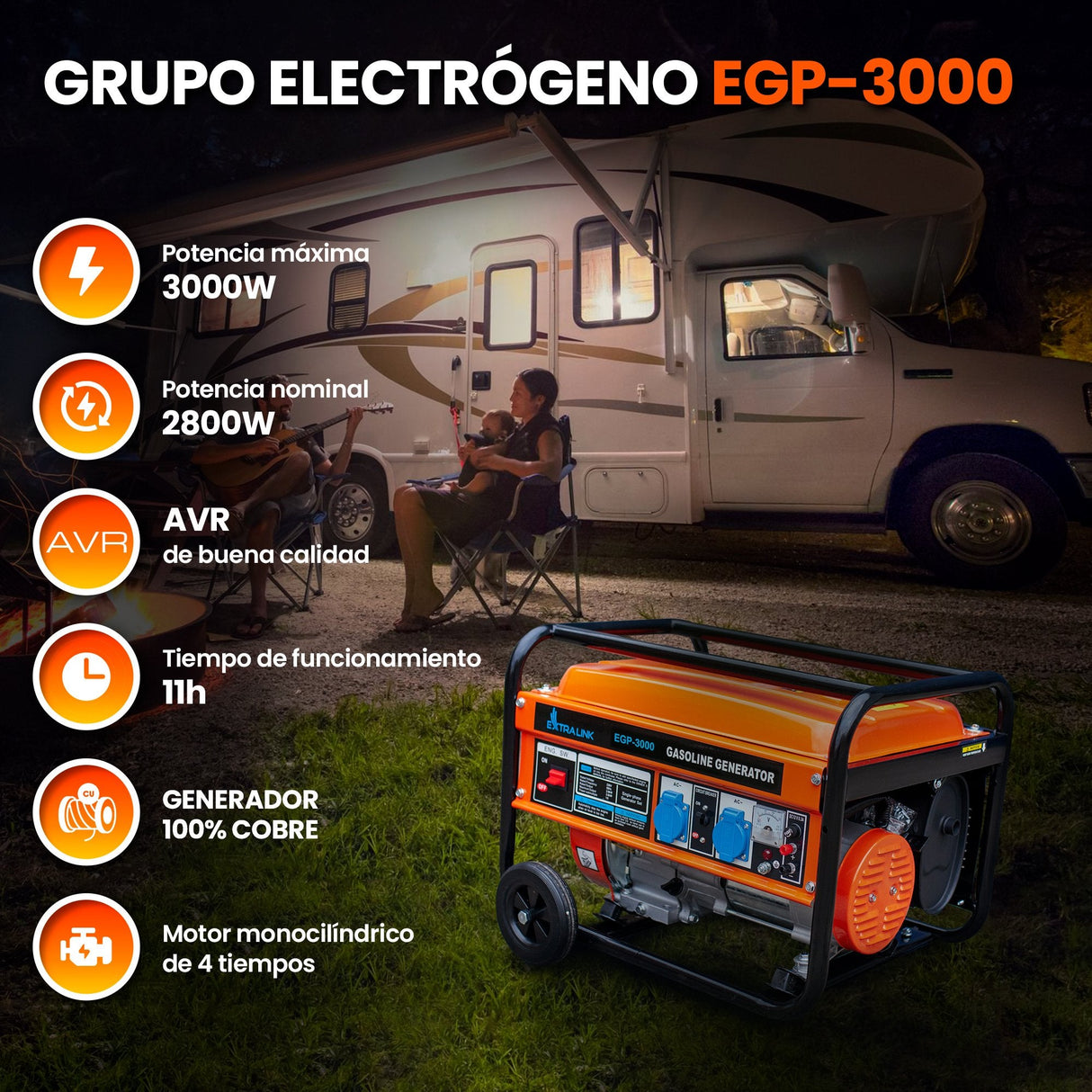 Extralink Ex.30349 Motor-Generador 2800 W 15 L Gasolina Negro, Naranja