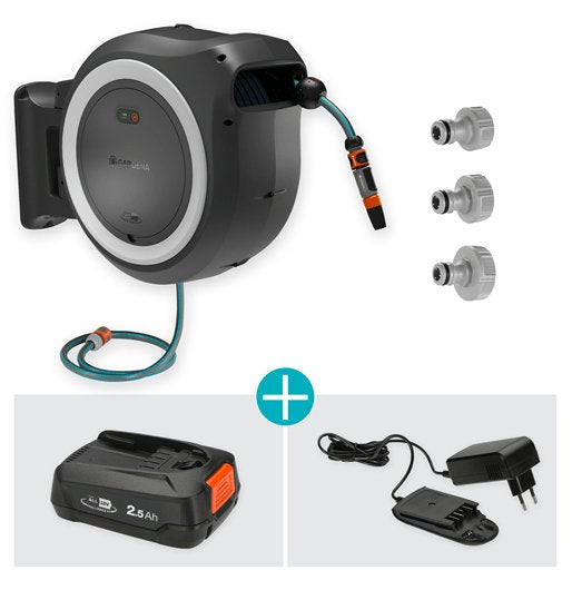 Caja Portamangueras De Pared A Batería Gardena Powerroll Xxl 18v P4a, 40 Metros, Enrollador De Manguera Gris/Blanco, Batería Li-Ion 2,5ah, Power For All Alliance 18647-20