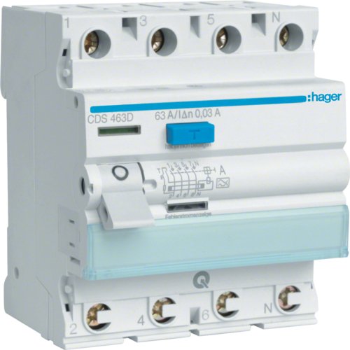 Hager Fi-Schalter 4polig 6ka 63a Cds463d ** 30ma Typ A Quickconnect