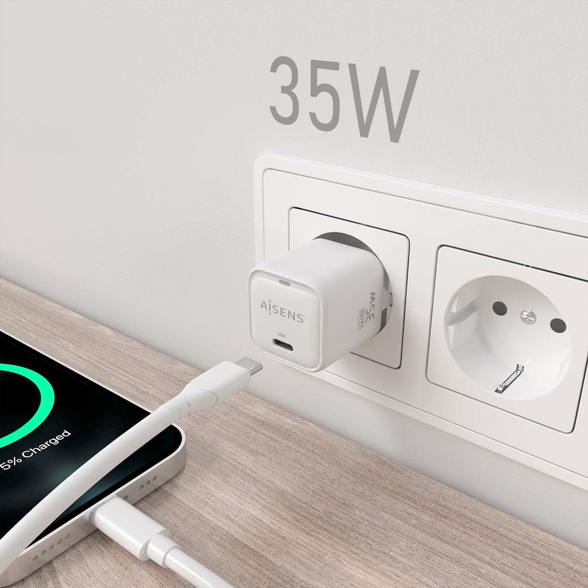 Aisens Cargador Gan 35w, 1xusb-C Pd3.0 Qc4.0, Blanco