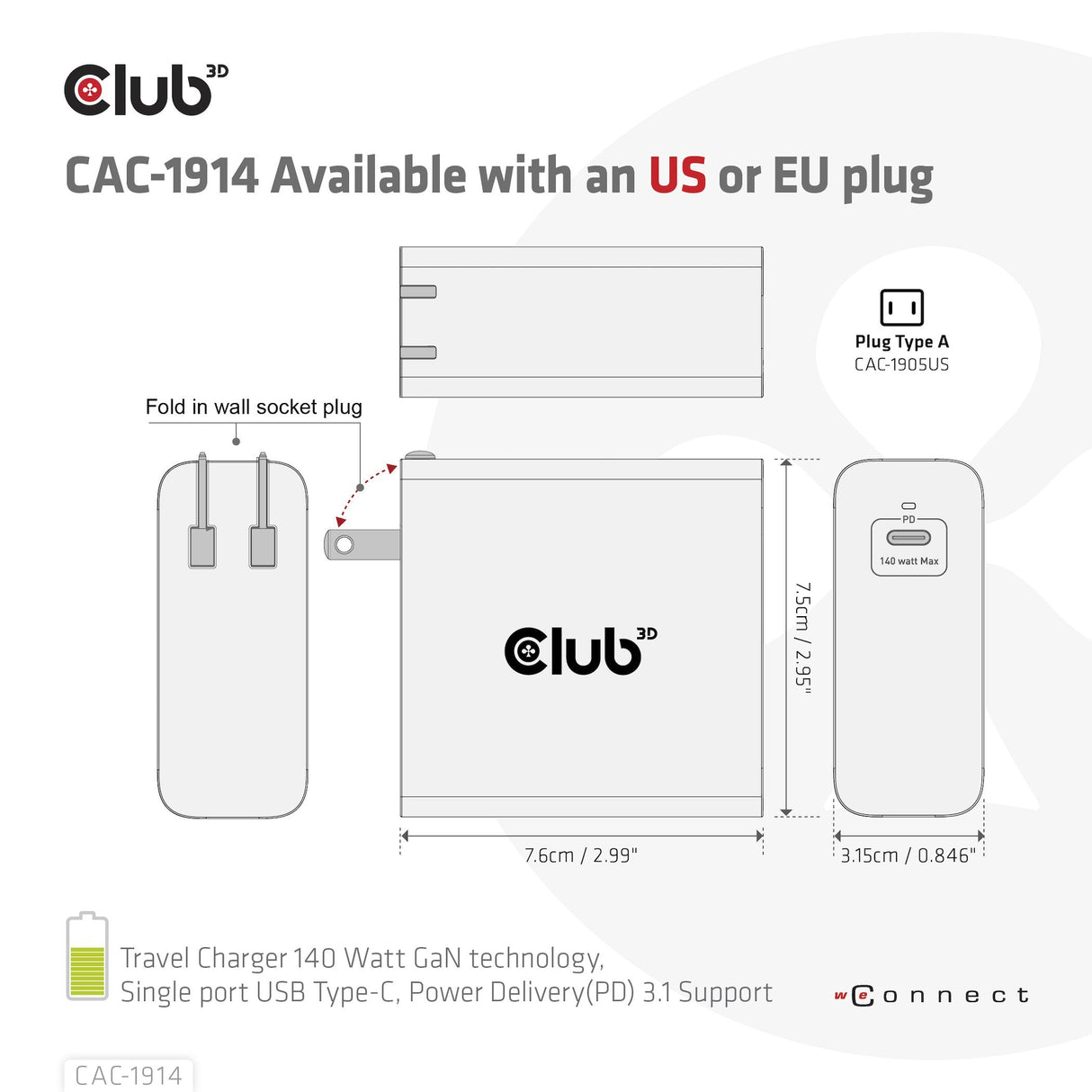 Club3d Cargador 1xusb Typ C, Pd 140w Retail