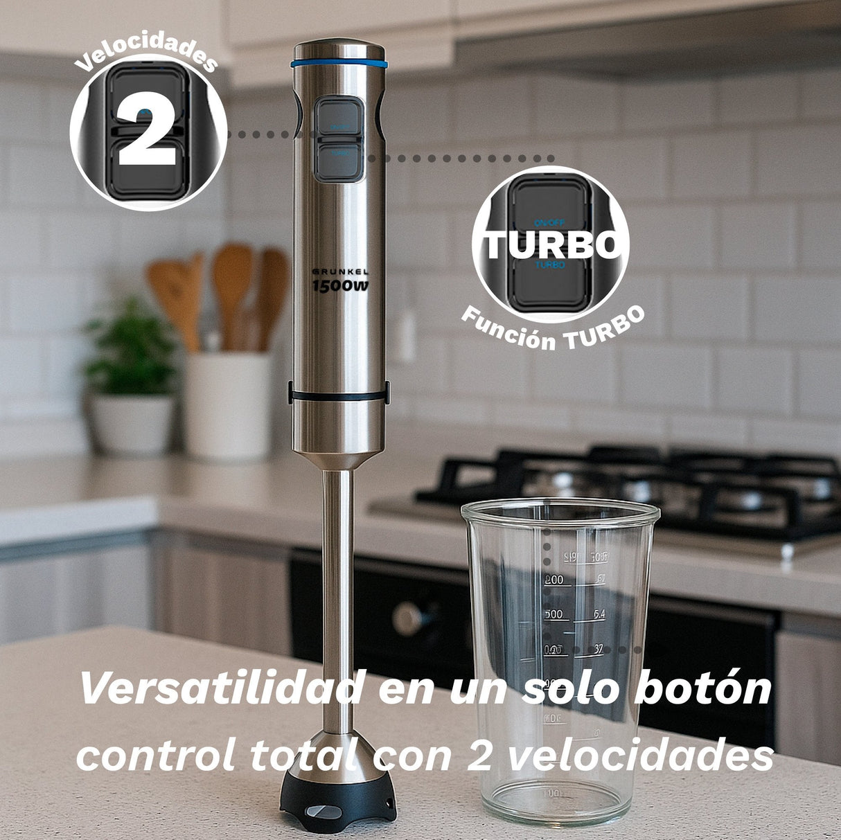 Batidora De Mano Grunkel Bm-1500set 1500w Capacidad 0.8l Incluye Vaso, Picadora, Varilla Y Soporte