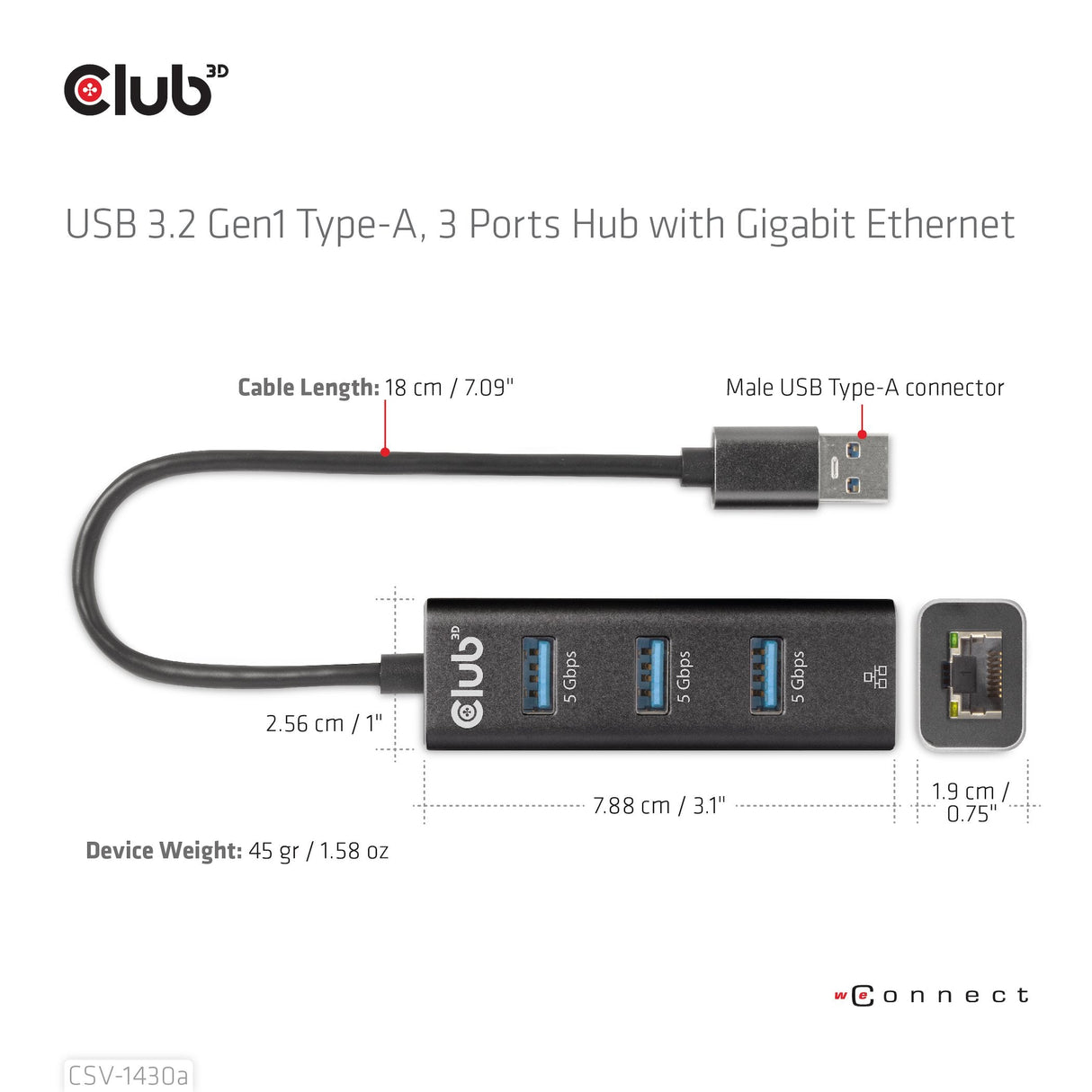 Club3d Usb 3.2 Gen1 Tipo-A, Hub De 3 Puertos Con Gigabit Ethernet