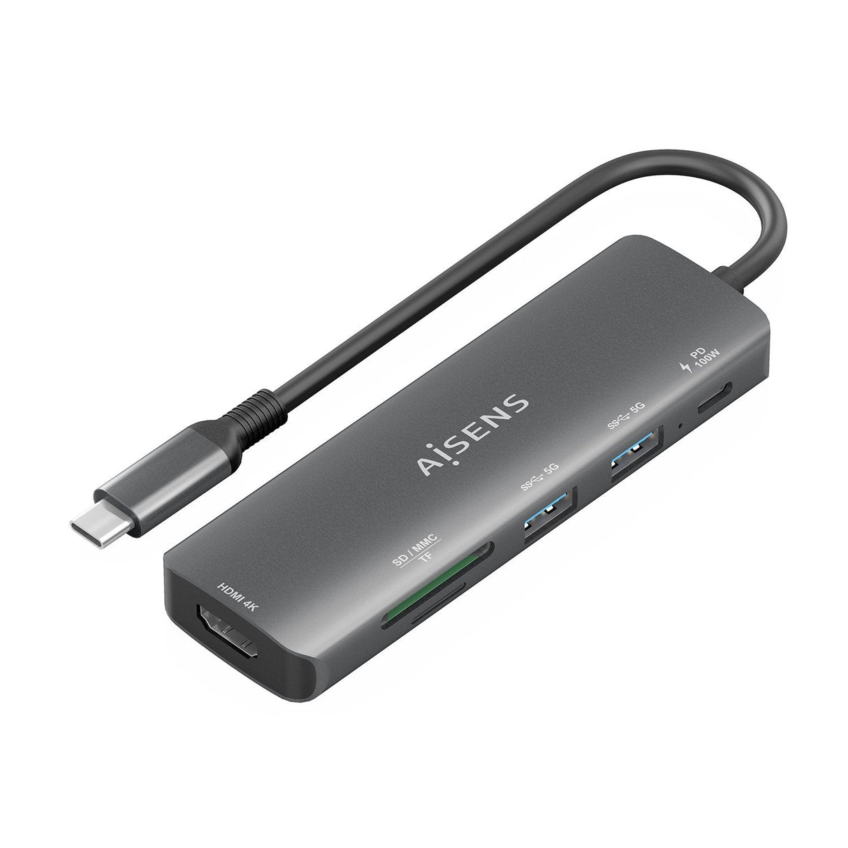 Aisens Usb-C Dock 6 En 1, Usb-C A 1xhdmi, 2xusb-A, 1xusb-C Pd 100w, 1xsd, 1xmicro Sd, Gris, 15cm