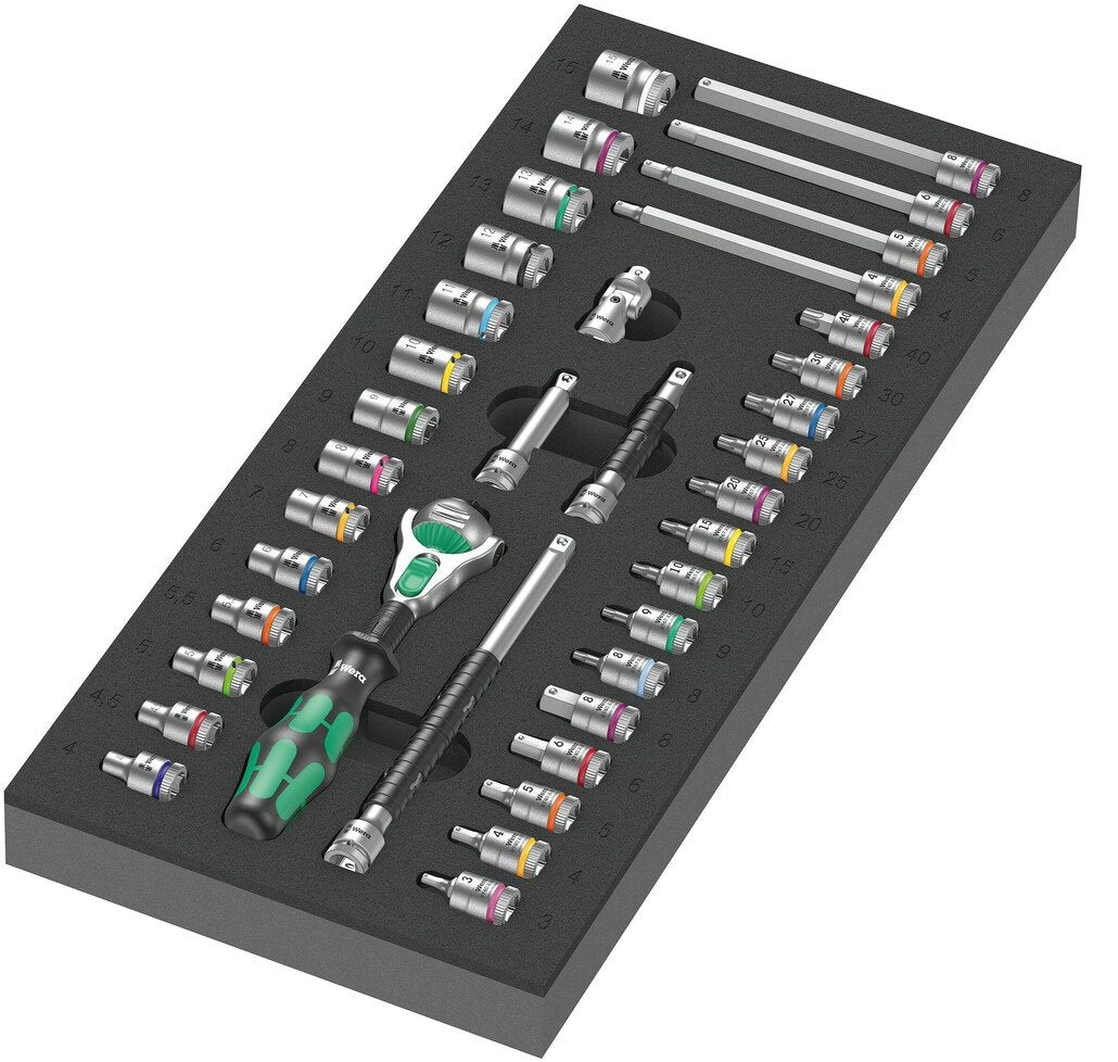 Wera 9720 Inserto De Espuma 8000 A Zyklop Trinquete 1/4" Juego 1, 37 Piezas, Juego De Herramientas Negro/Gris, Juego De Trinquete Y Vaso, En Inserto De Espuma Para Carro De Taller