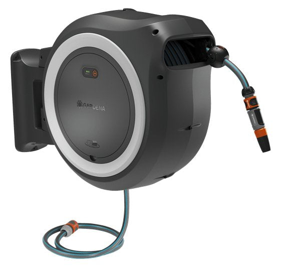 Caja Portamangueras De Pared A Batería Gardena Powerroll Xxl 18v P4a, 40 Metros, Enrollador De Manguera Gris/Blanco, Batería Li-Ion 2,5ah, Power For All Alliance 18647-20