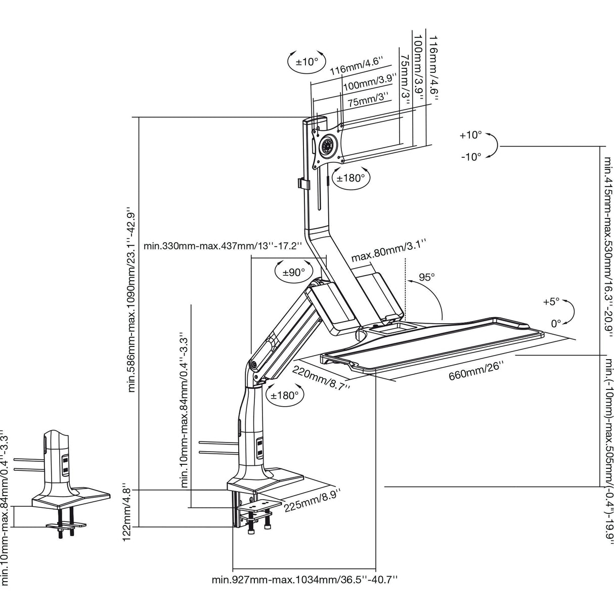 Soporte De Escritorio Para Estación De Trabajo Inline Con Elevador Y Usb 3.0, Móvil, Para Teclado, Mouse Y Monitor De Hasta 81 Cm (32"), Máx. 9 Kg