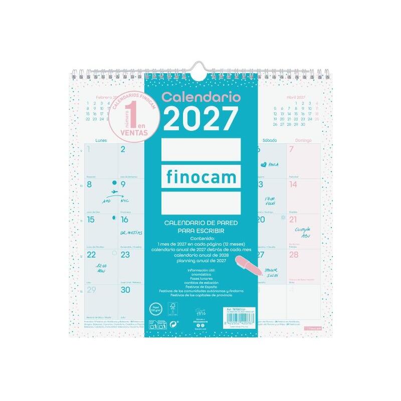 Finocam Chic Calendario De Pared - Anual 2027 - Mes Vista - 300x300mm - Espiral Doble - Papel De 120g/M2 - Espacio Para