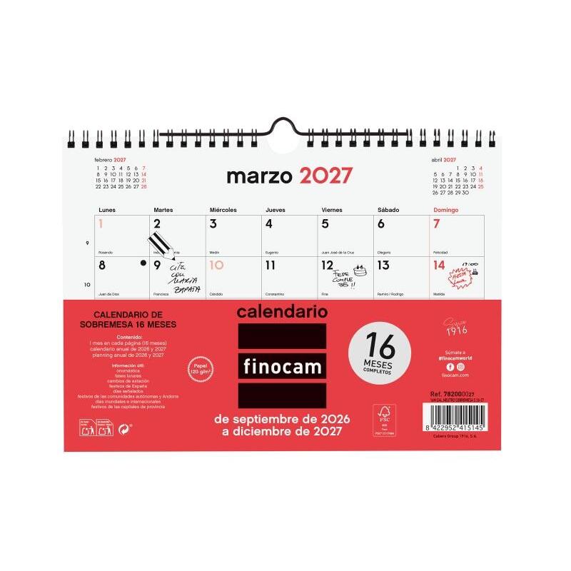 Finocam Neutro Calendario De Pared - 16 Meses - Mes Vista - Formato S - 210x150mm - Espiral Doble Metalica - Papel De