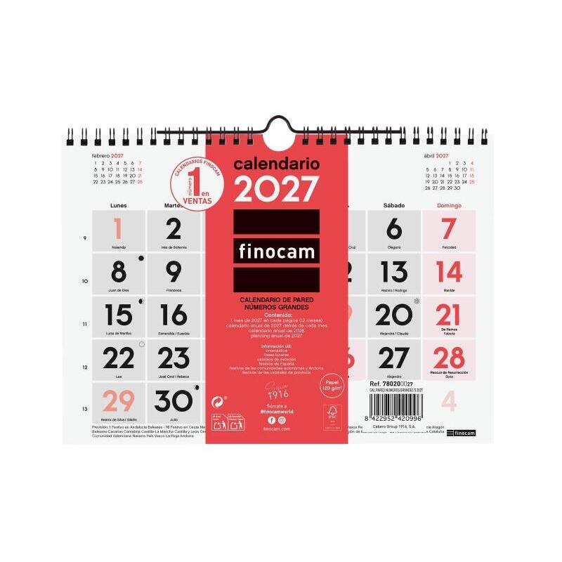Finocam Neutro Calendario De Pared - Anual 2027 - Mes Vista - Formato S - 210x150mm - Espiral Doble - Papel De 120g/M2