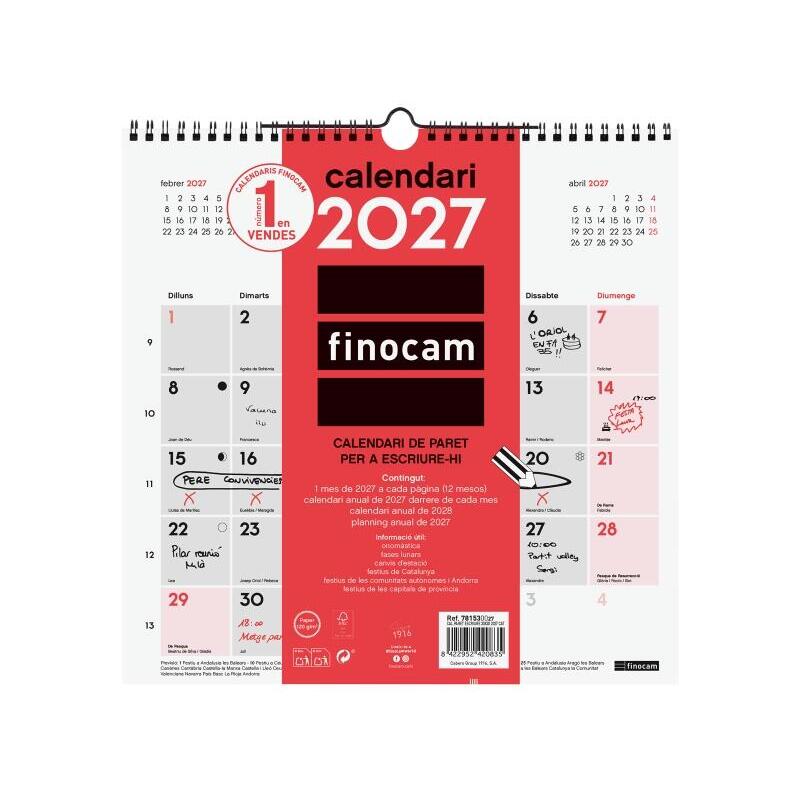 Finocam Neutro Calendario De Pared En Catalan - Anual 2027 - Mes Vista - 300x300mm - Espiral Doble - Papel De 120g/M2 -