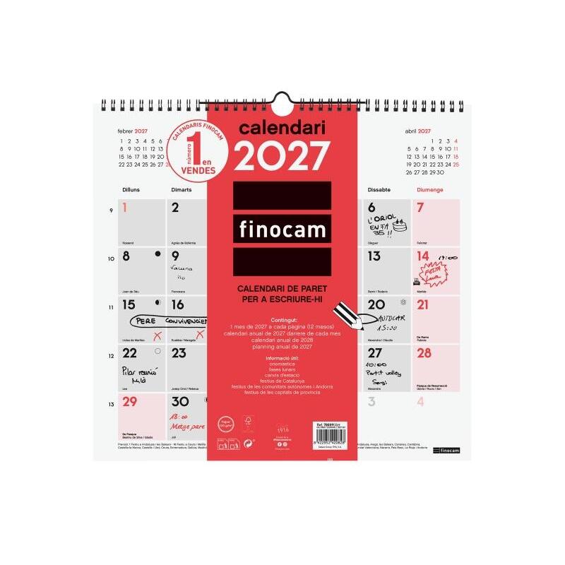 Finocam Neutro Calendario De Pared En Catalan - Anual 2027 - Mes Vista - Formato L - 340x320mm - Espiral Doble - Papel