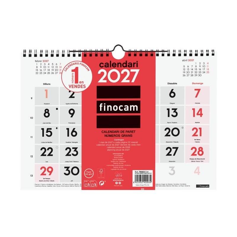 Finocam Neutro Calendario De Pared En Catalan - Anual 2027 - Mes Vista - Formato M - 300x210mm - Espiral Doble - Papel
