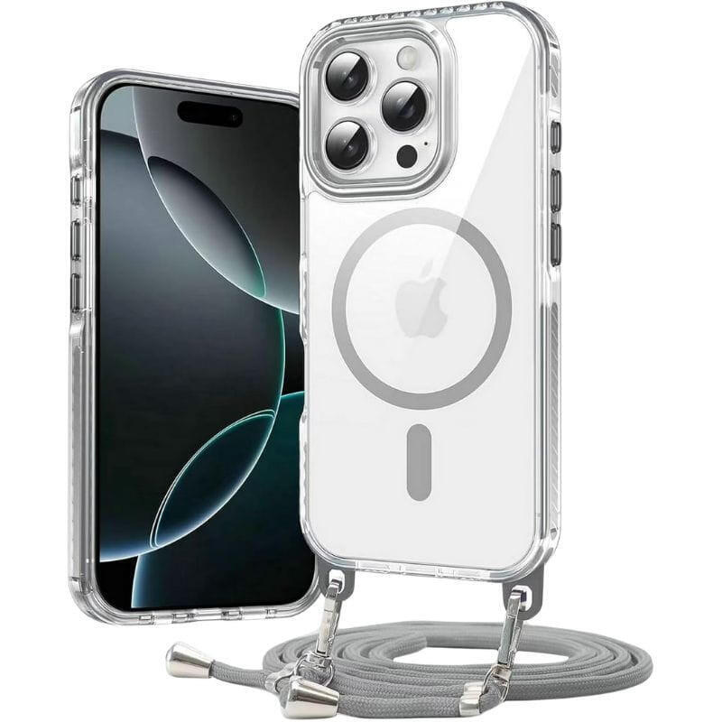 Funda Magnética Con Colgante Desmontable Para Iphone 16 Pro Max Plata