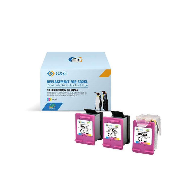 G&G Hp 302xl V3 Eco-Saver Tricolor Tinta Remanufacturados F6u65ae/F6u67ae (Muestra Nivel De Tinta)