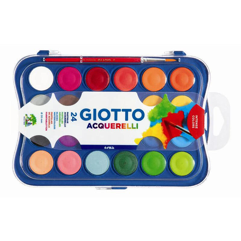 Giotto Estuche De 24 Acuarelas De 30mm + Pincel - Colores Brillantes, Intensos Y Vivos - Muy Cubrientes - Colores Surtidos