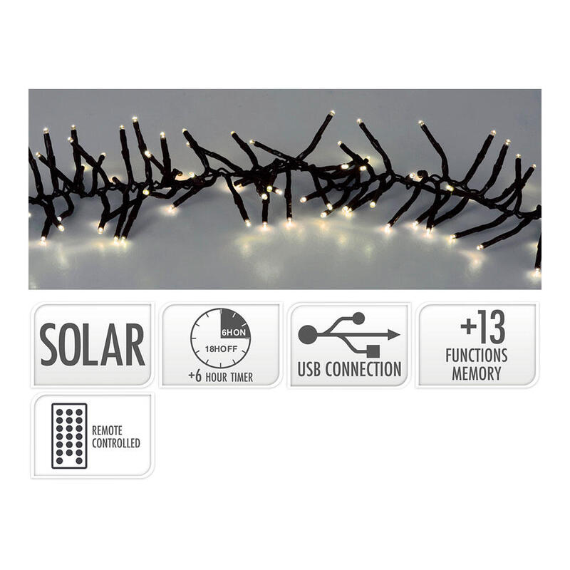 Guirnalda Led Solar 768 Leds 13 Funciones Parpadeante Exterior Blanco Cálido Cable Verde 5,6 M