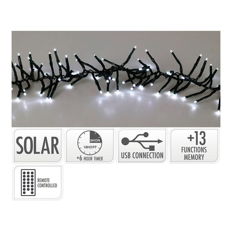 Guirnalda Led Solar 768 Leds 13 Funciones Parpadeante Exterior Blanco Frio Cable Verde 5,6 M