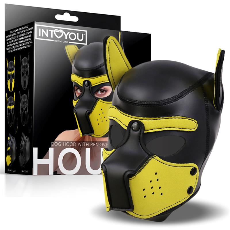 Máscara De Perro De Neopreno Con Hocico Extraíble Negro Y Amarillo Talla L
