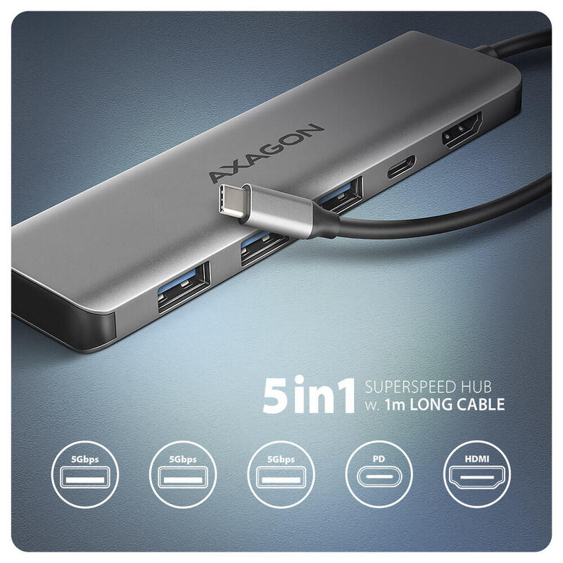 Hub Axagon Hmc-5h Usb-C 3.2 Gen 1 , 3x Usb-A, 4k Hdmi, Pd 100w - Plata