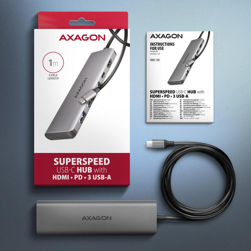 Hub Axagon Hmc-5h Usb-C 3.2 Gen 1 , 3x Usb-A, 4k Hdmi, Pd 100w - Plata