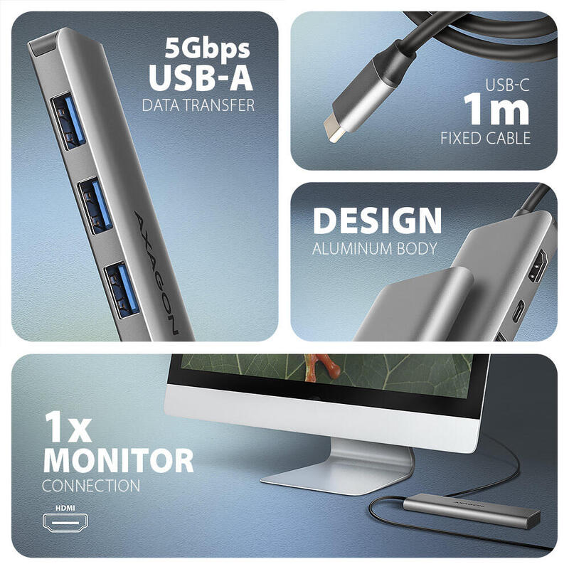 Hub Axagon Hmc-5h Usb-C 3.2 Gen 1 , 3x Usb-A, 4k Hdmi, Pd 100w - Plata
