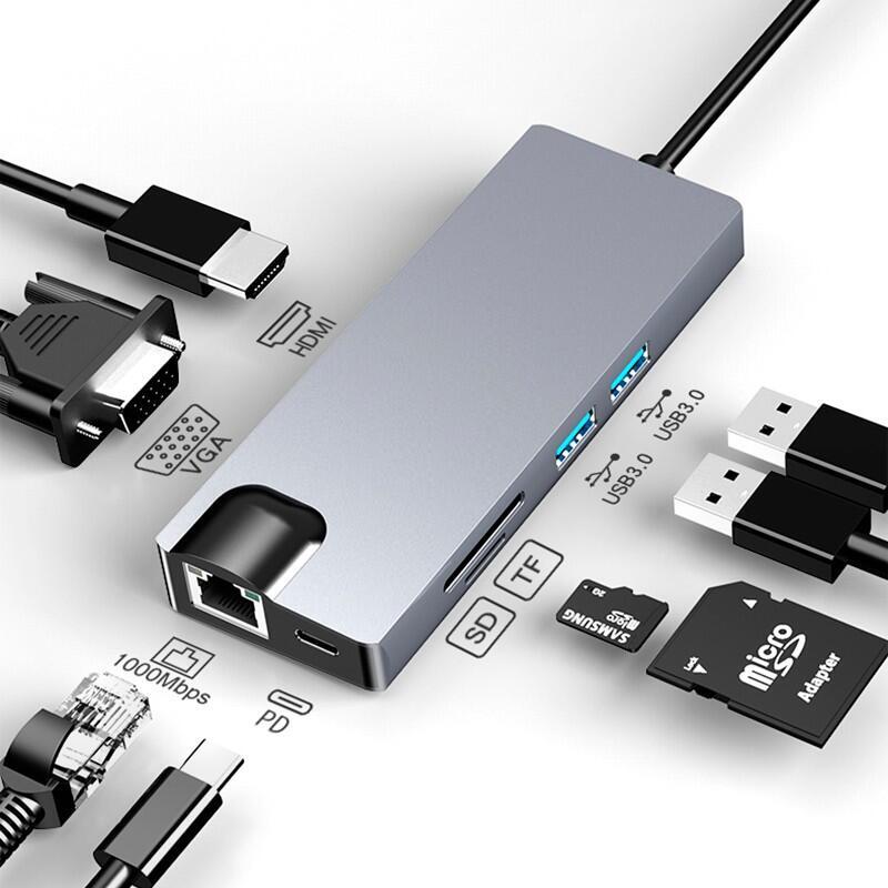 Hub Usb-C 8 En 1 Con Hdmi + Vga + 2x Usb 3.0 + Usb-C Pd + Sd/Tf + Rj45 1000 Mbps