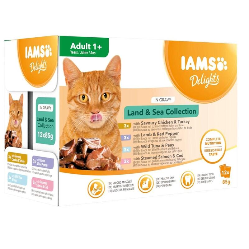 Iams Delights Land & Sea Collection In Gravy Box Comida Húmeda Para Gato 12x85g