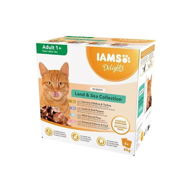 Iams Delights Land & Sea Collection In Gravy Box Comida Húmeda Para Gato 8x85g