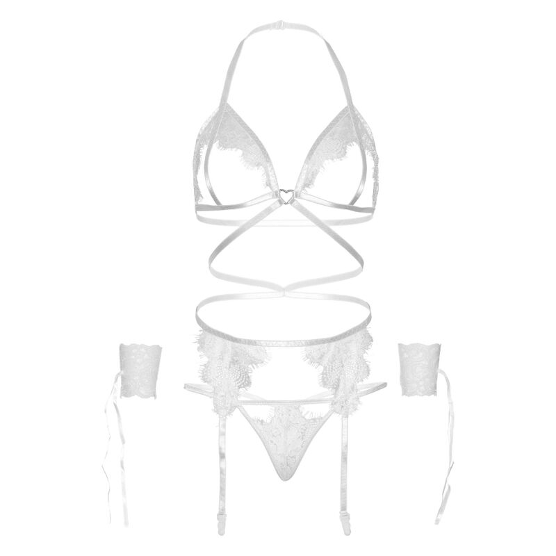 Leg Avenue - Set Cuatro Piezas Sujetador, Liguero, Tanga Y Puños Talla Unica - Blanco