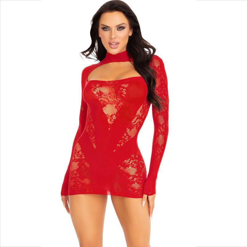 Leg Avenue - Mini Vestido De Encaje Con Manga Larga Rojo